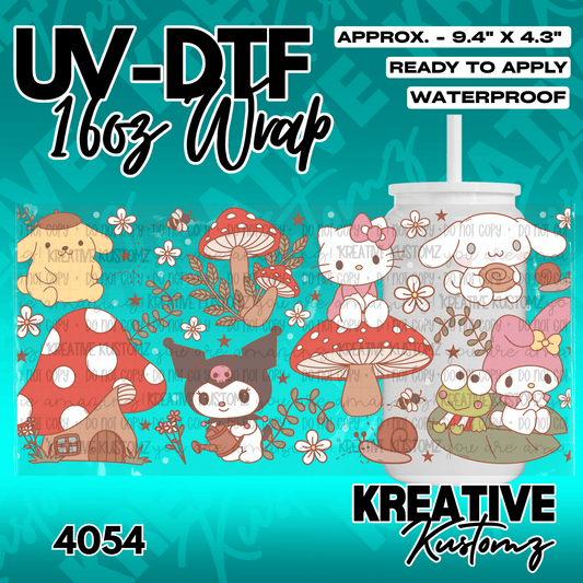 A UV DTF adhesive wrap featuring Sanrio characters and mushrooms for a 16oz glass cup.