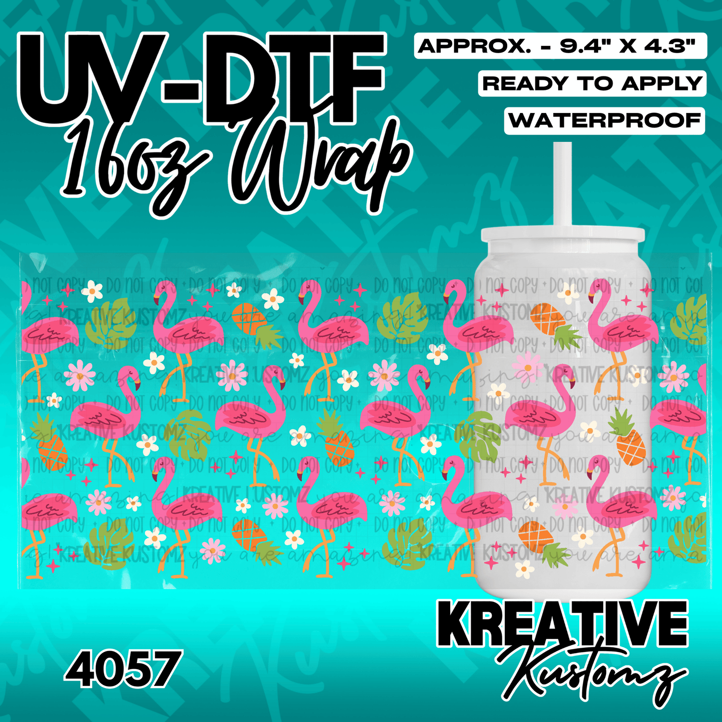 A UV DTF adhesive wrap for a 16oz glass can featuring a pattern of pink flamingos and pineapples.