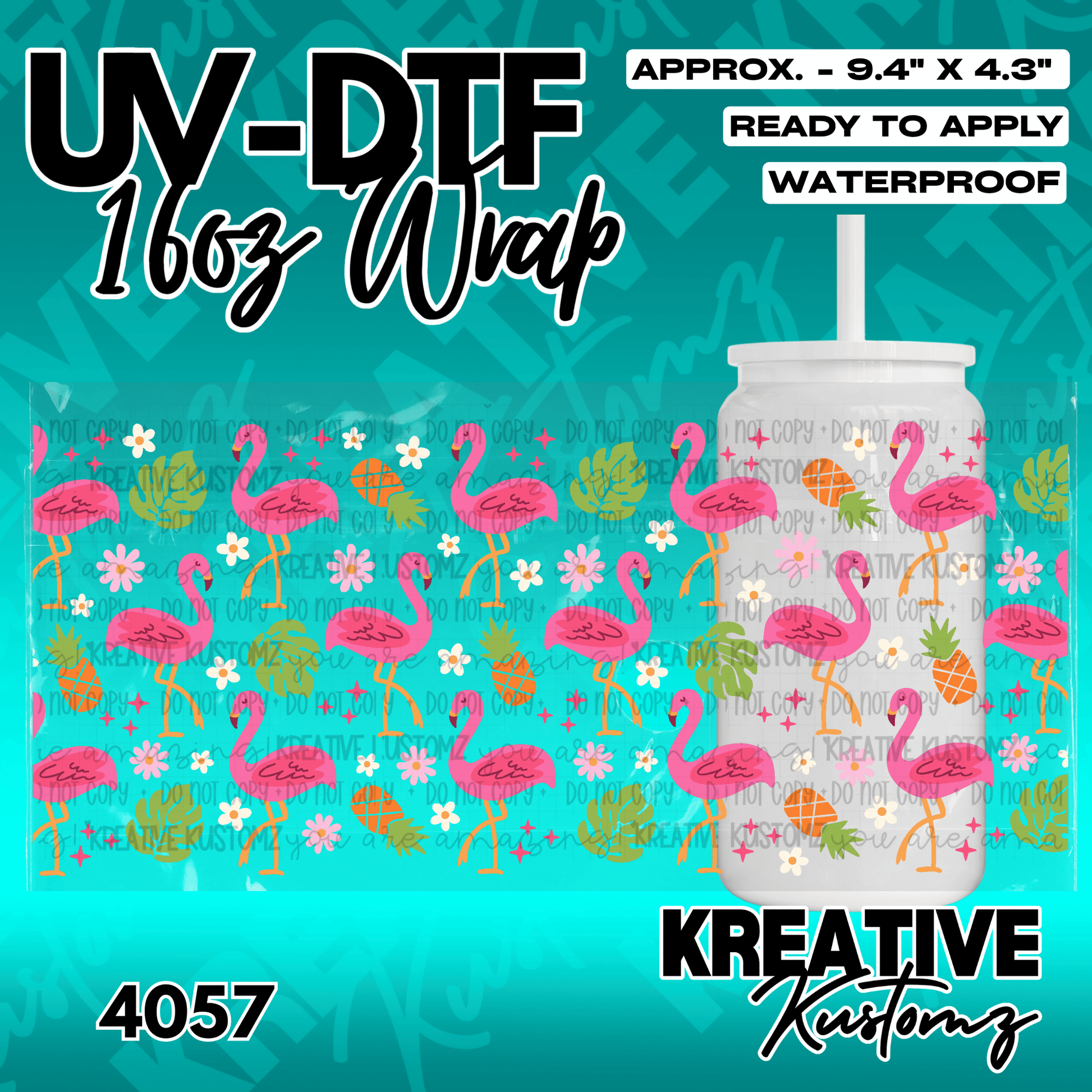 A UV DTF adhesive wrap for a 16oz glass can featuring a pattern of pink flamingos and pineapples.