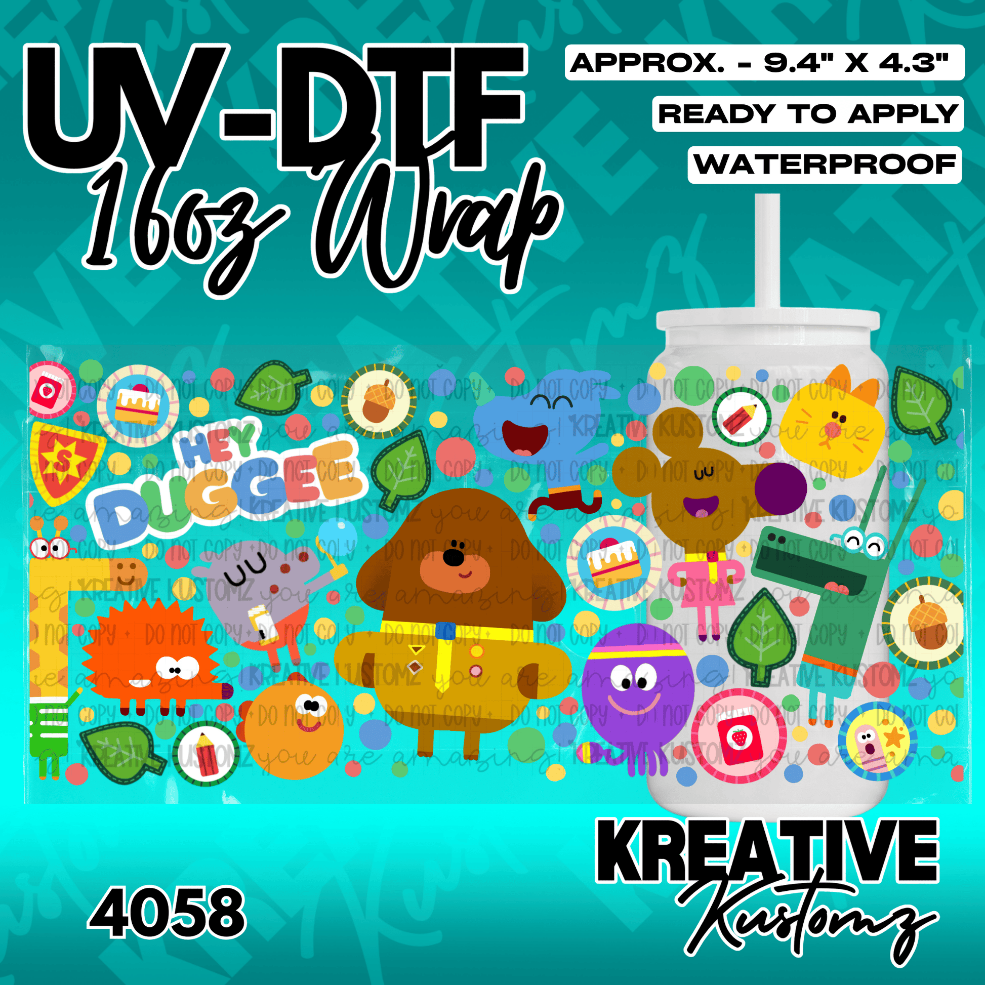 A Hey Duggee themed UV DTF adhesive wrap for a 16oz glass cup featuring colorful cartoon characters.
