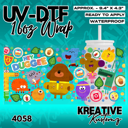 A Hey Duggee themed UV DTF adhesive wrap for a 16oz glass cup featuring colorful cartoon characters.