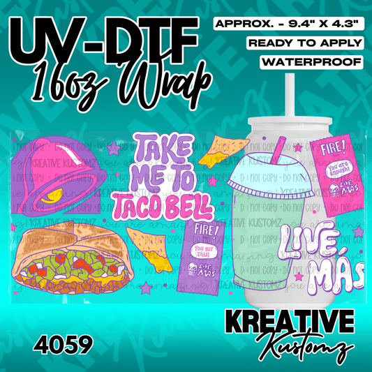 A Taco Bell themed adhesive wrap for a 16oz glass cup featuring food illustrations and text.