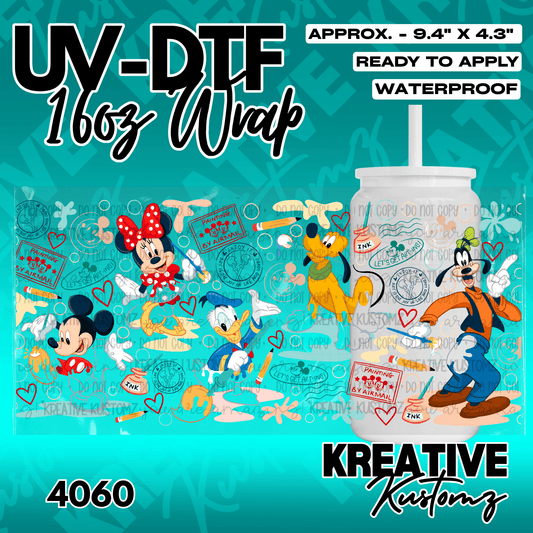 A UV DTF adhesive cup wrap featuring Mickey, Minnie, Donald, Goofy, and Pluto painting.