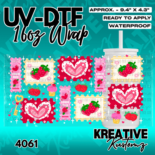 A UV DTF cup wrap featuring a Valentine theme with hearts, strawberries, and tickets.