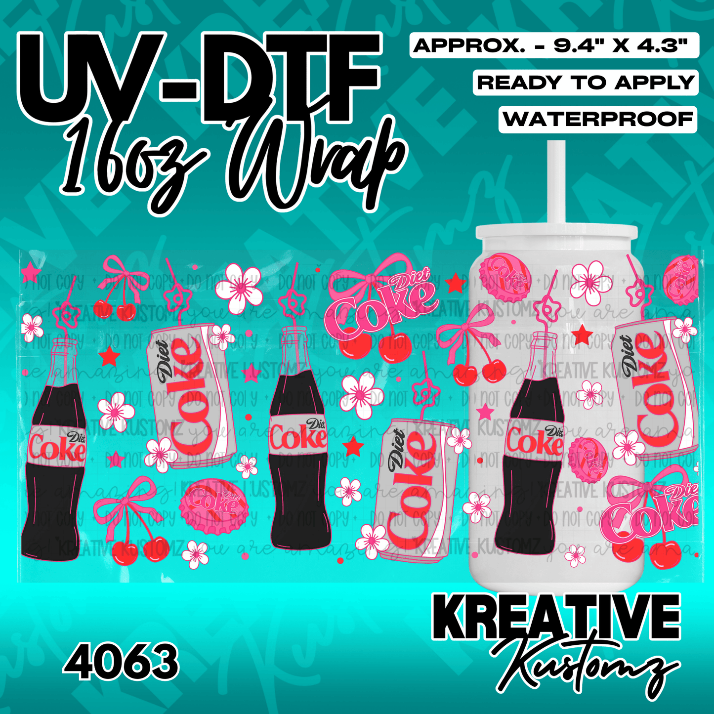 A floral Diet Coke themed adhesive wrap for a 16 ounce glass can.