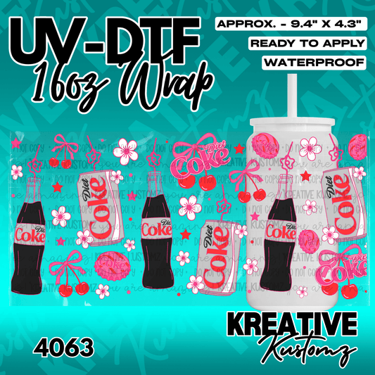 A floral Diet Coke themed adhesive wrap for a 16 ounce glass can.