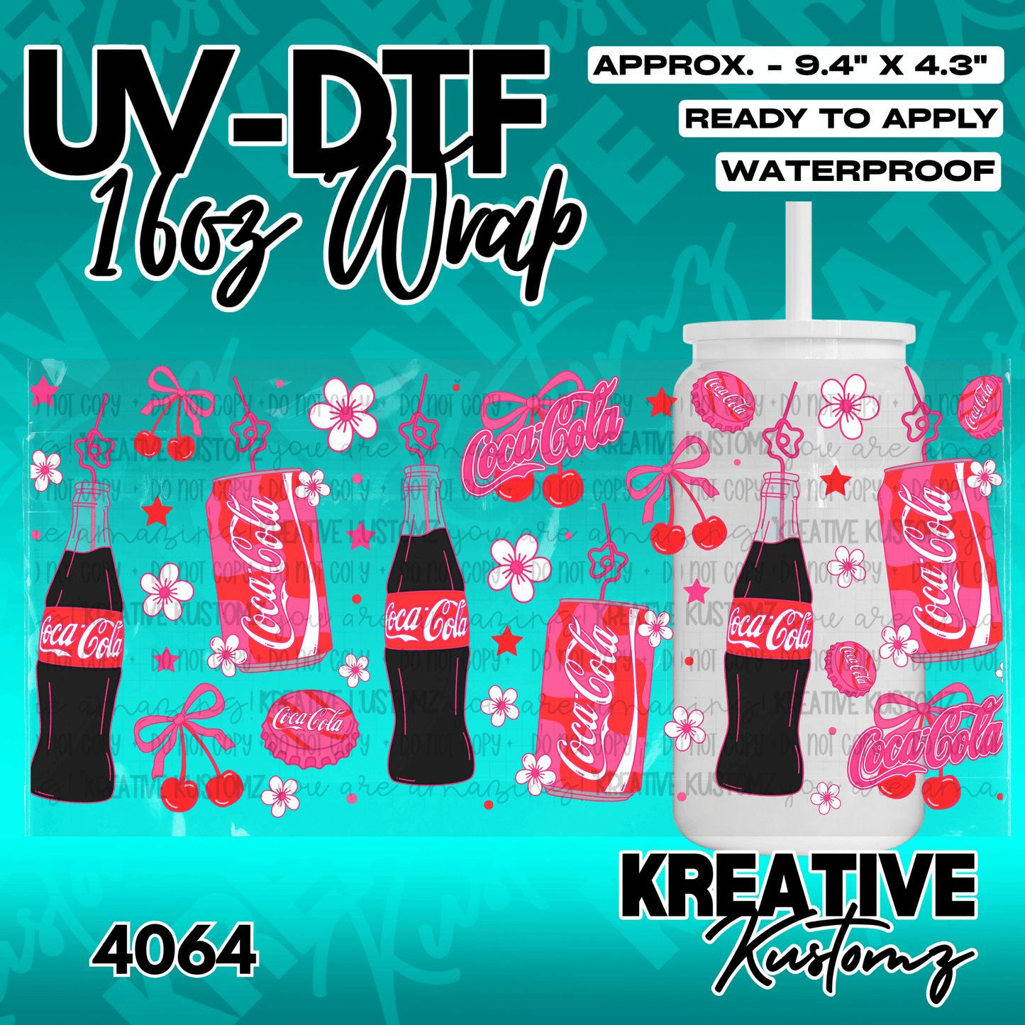 A UV DTF adhesive cup wrap featuring Coca-Cola bottles, cans, cherries, and flowers.