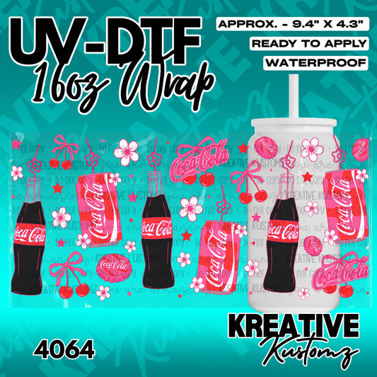 A UV DTF adhesive cup wrap featuring Coca-Cola bottles, cans, cherries, and flowers.