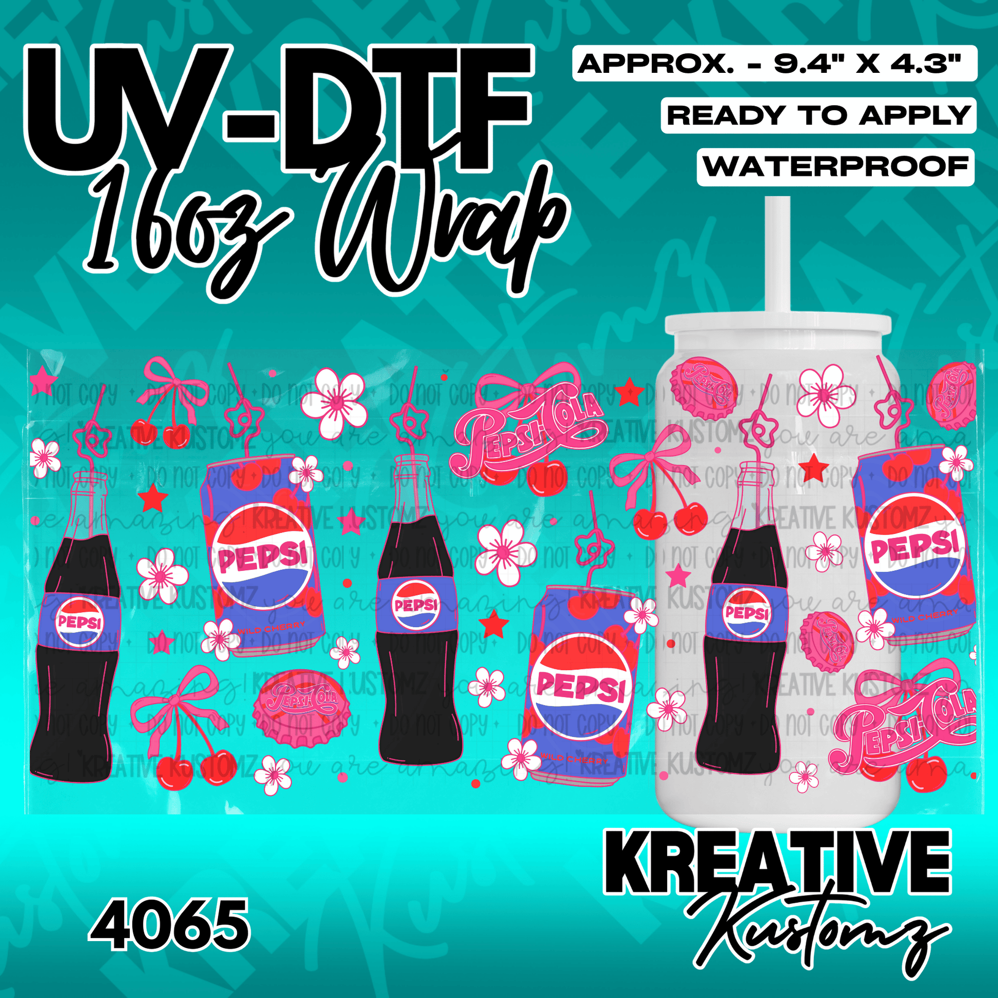 A vibrant UV DTF cup wrap featuring Pepsi bottles, cans, cherries, and flowers.