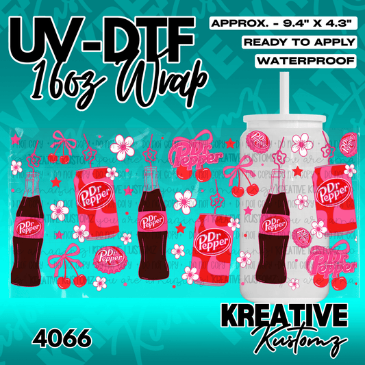 A UV DTF adhesive wrap for 16oz glass cans featuring a Dr. Pepper, cherry, and floral pattern.
