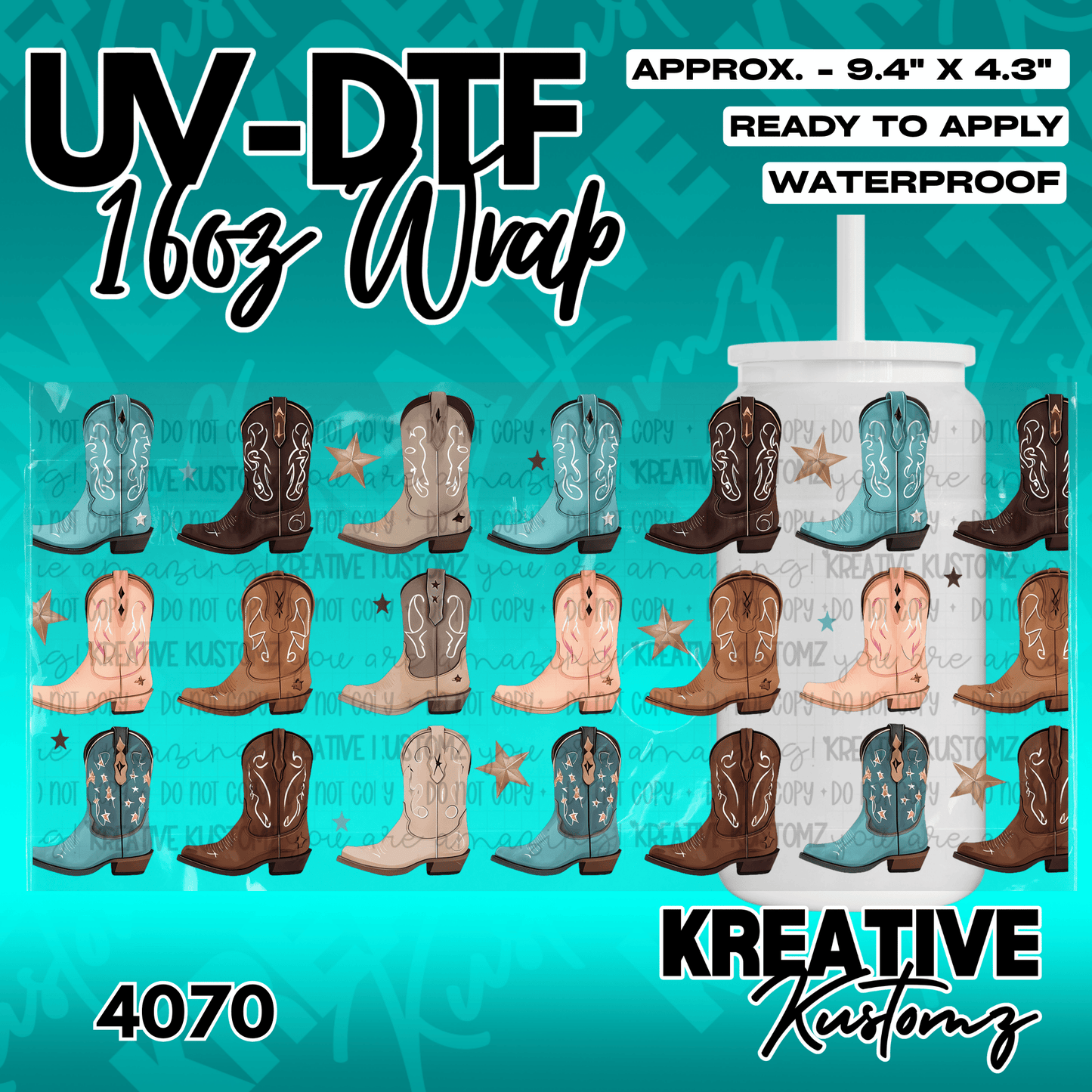 A UV DTF wrap for a 16oz glass cup featuring a repeating pattern of colorful cowboy boots.