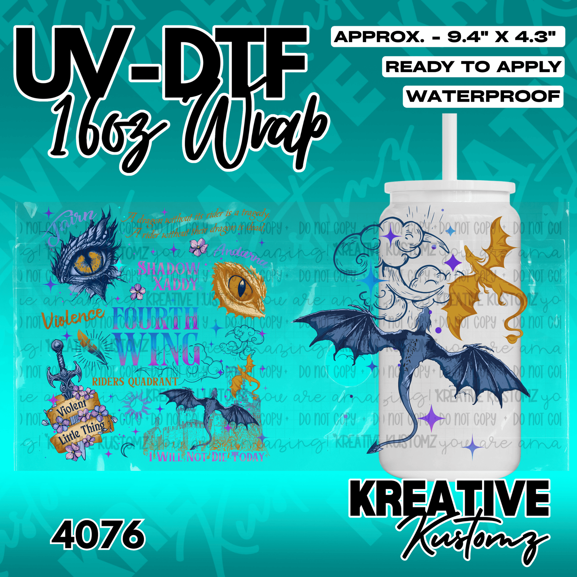 A vibrant UV DTF adhesive wrap featuring dragon and fantasy designs for a 16oz glass cup.