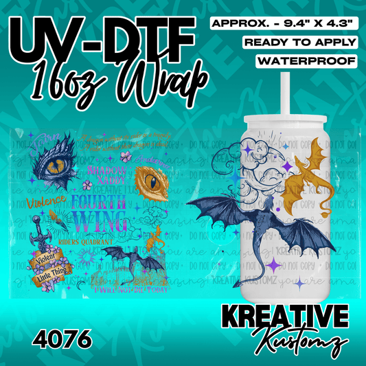 A vibrant UV DTF adhesive wrap featuring dragon and fantasy designs for a 16oz glass cup.