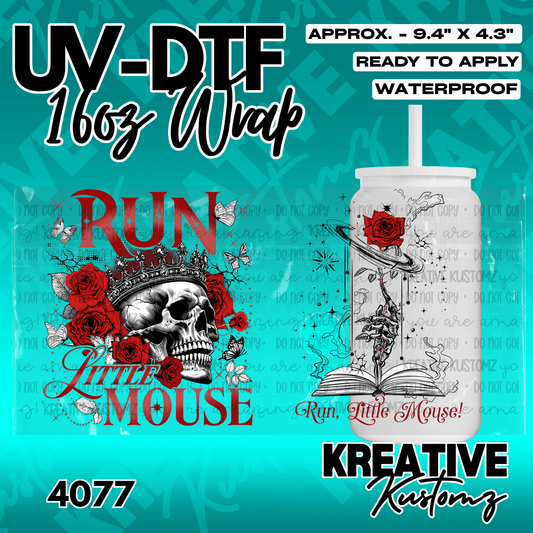 A UV DTF adhesive wrap for 16oz glass cans featuring a skull with a crown and a rose design.