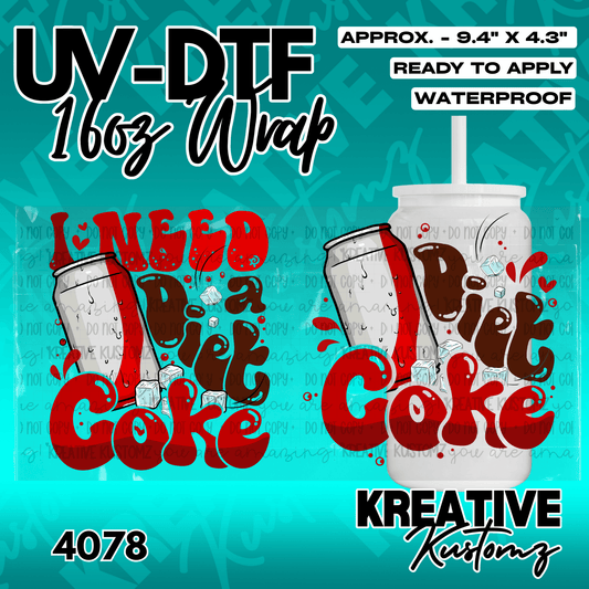 A UV DTF adhesive cup wrap featuring a Diet Coke theme with ice cubes for 16oz glass cans.