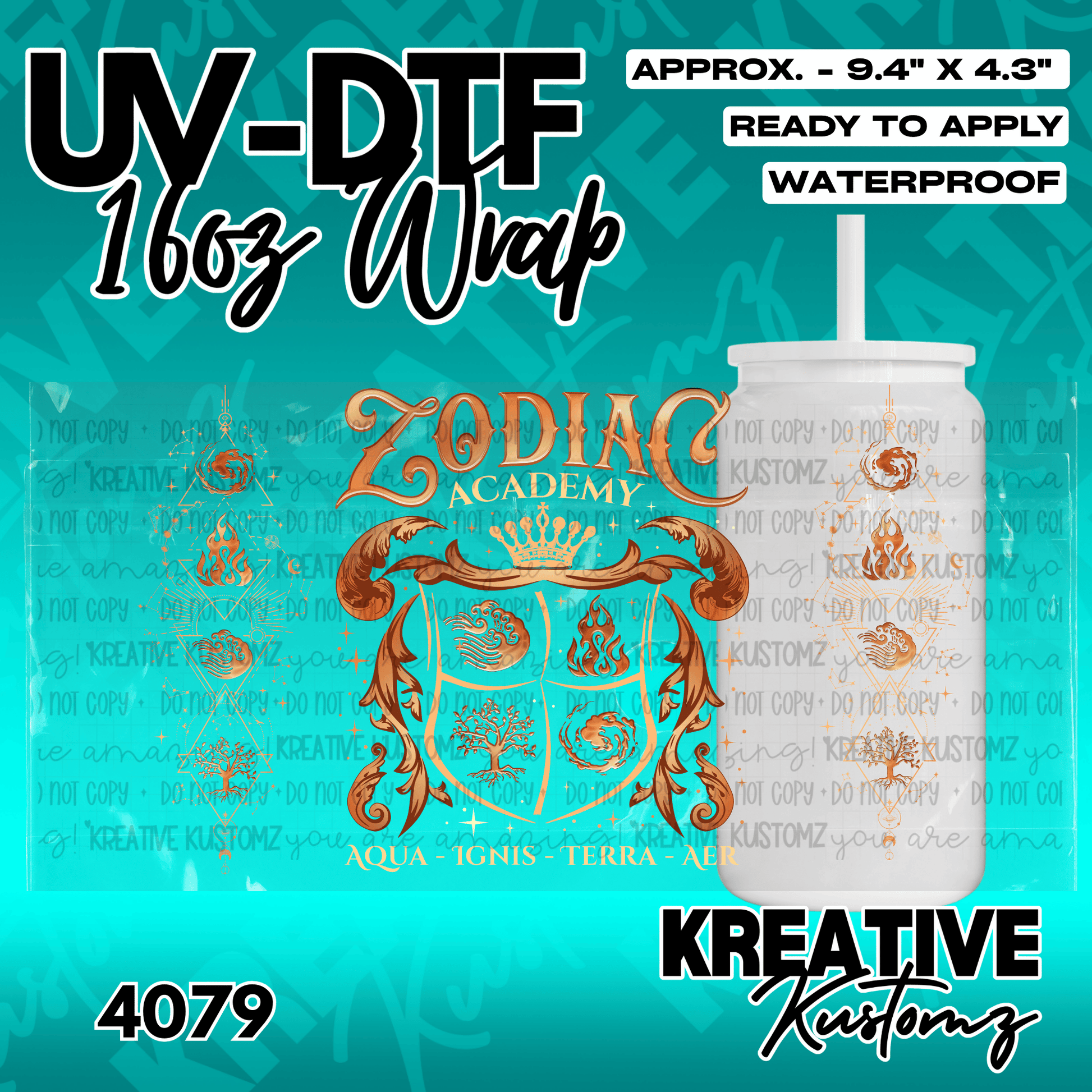 A Zodiac Academy themed UV DTF adhesive wrap for a 16oz glass can featuring a crest design.