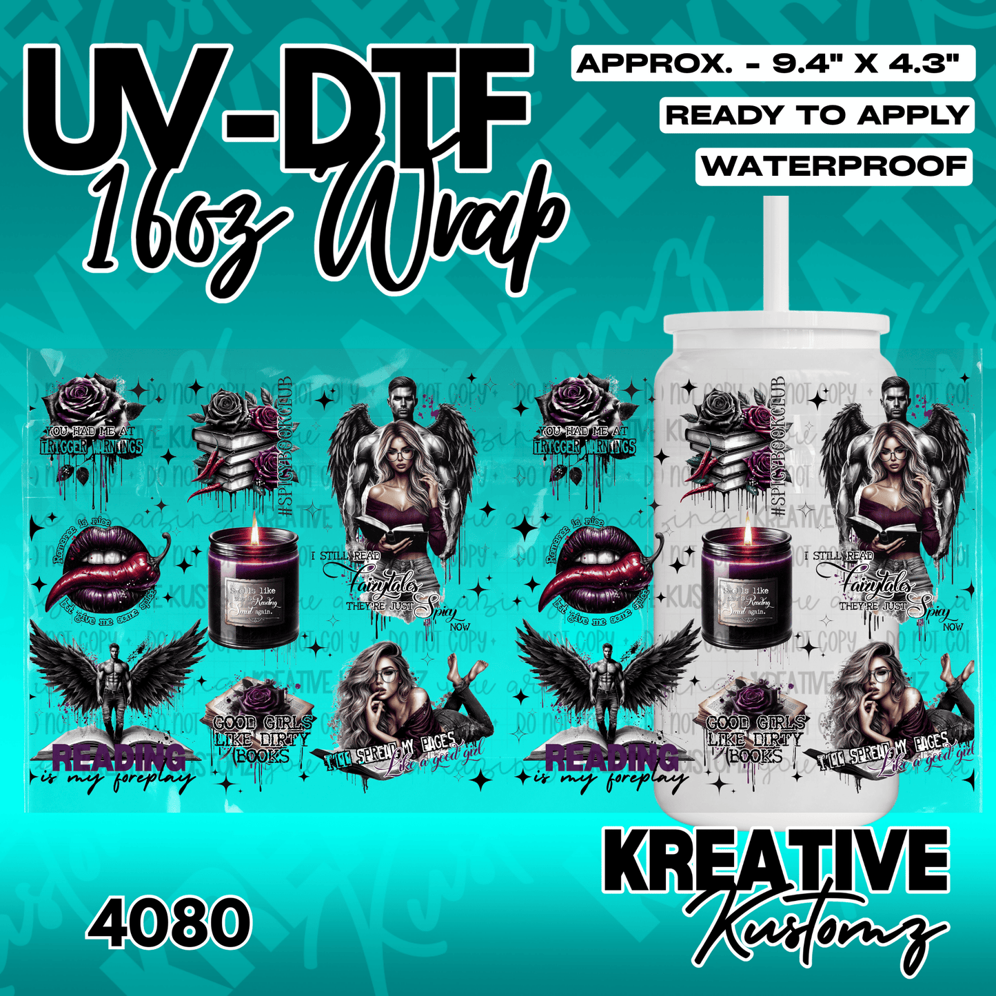 A UV DTF adhesive wrap for a 16oz glass cup featuring romantic book-themed illustrations.