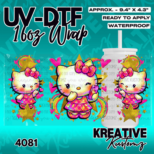 A UV DTF adhesive wrap for a 16oz glass cup featuring a colorful Hello Kitty design with stars.