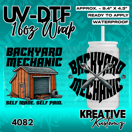 A UV DTF cup wrap featuring a backyard mechanic theme with a garage and wrench design.