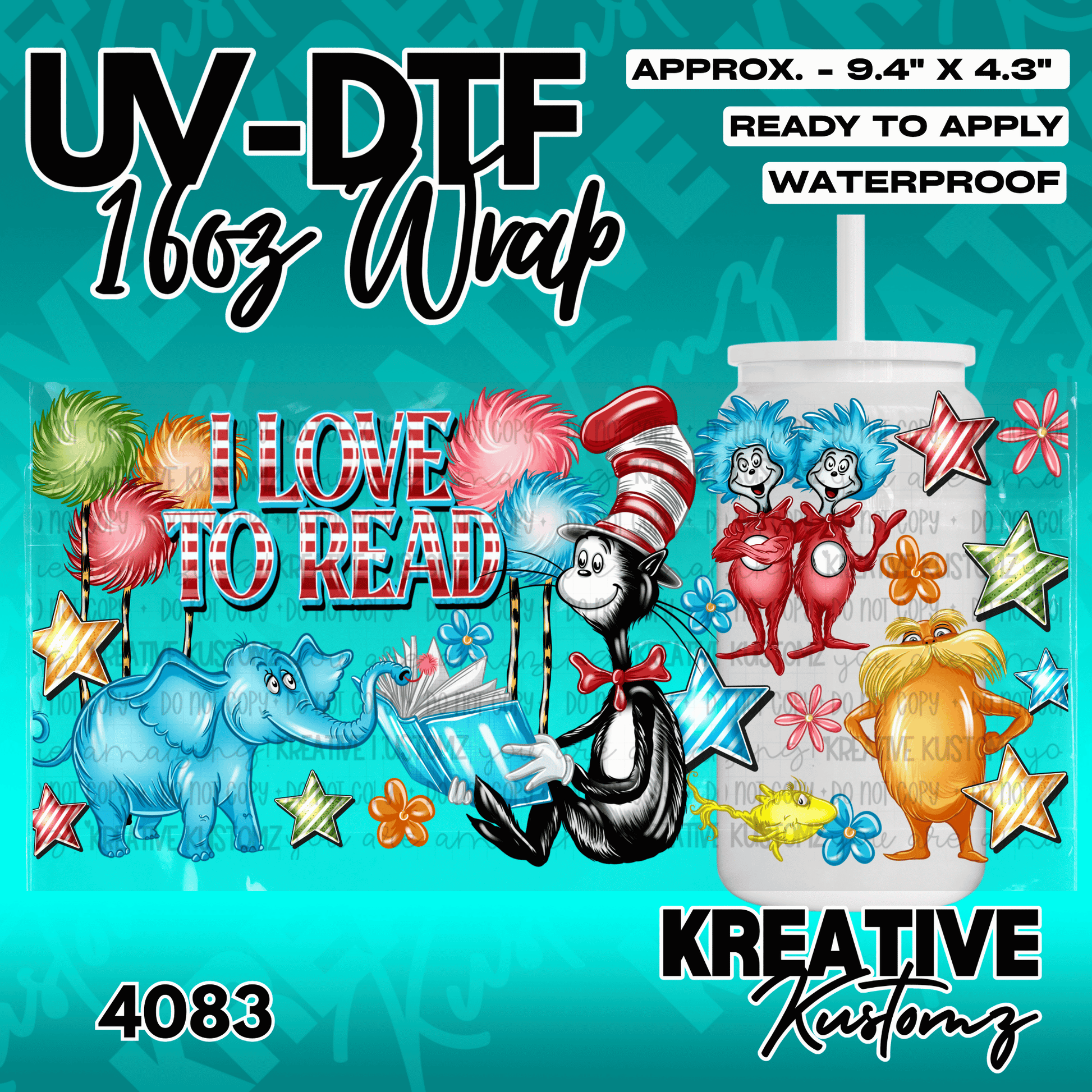 A UV DTF adhesive wrap for a 16oz glass can featuring Dr. Seuss characters and reading themes.