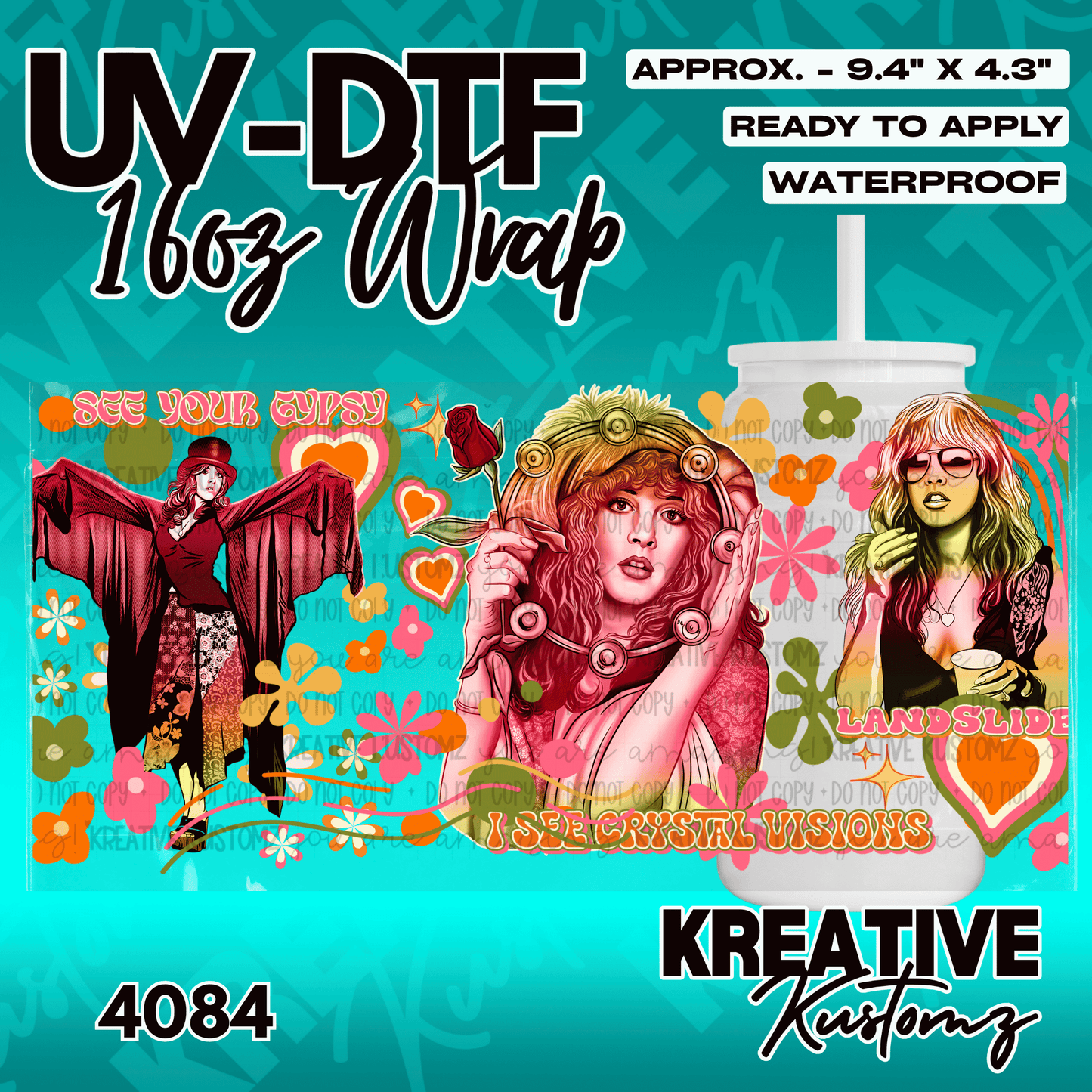 A floral UV DTF adhesive wrap for 16oz glass cans featuring Stevie Nicks illustrations.