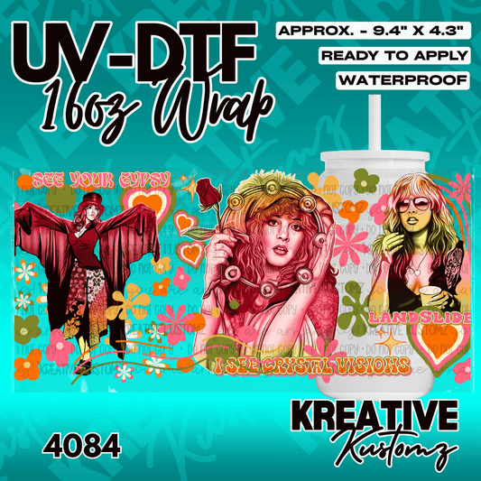 A floral UV DTF adhesive wrap for 16oz glass cans featuring Stevie Nicks illustrations.