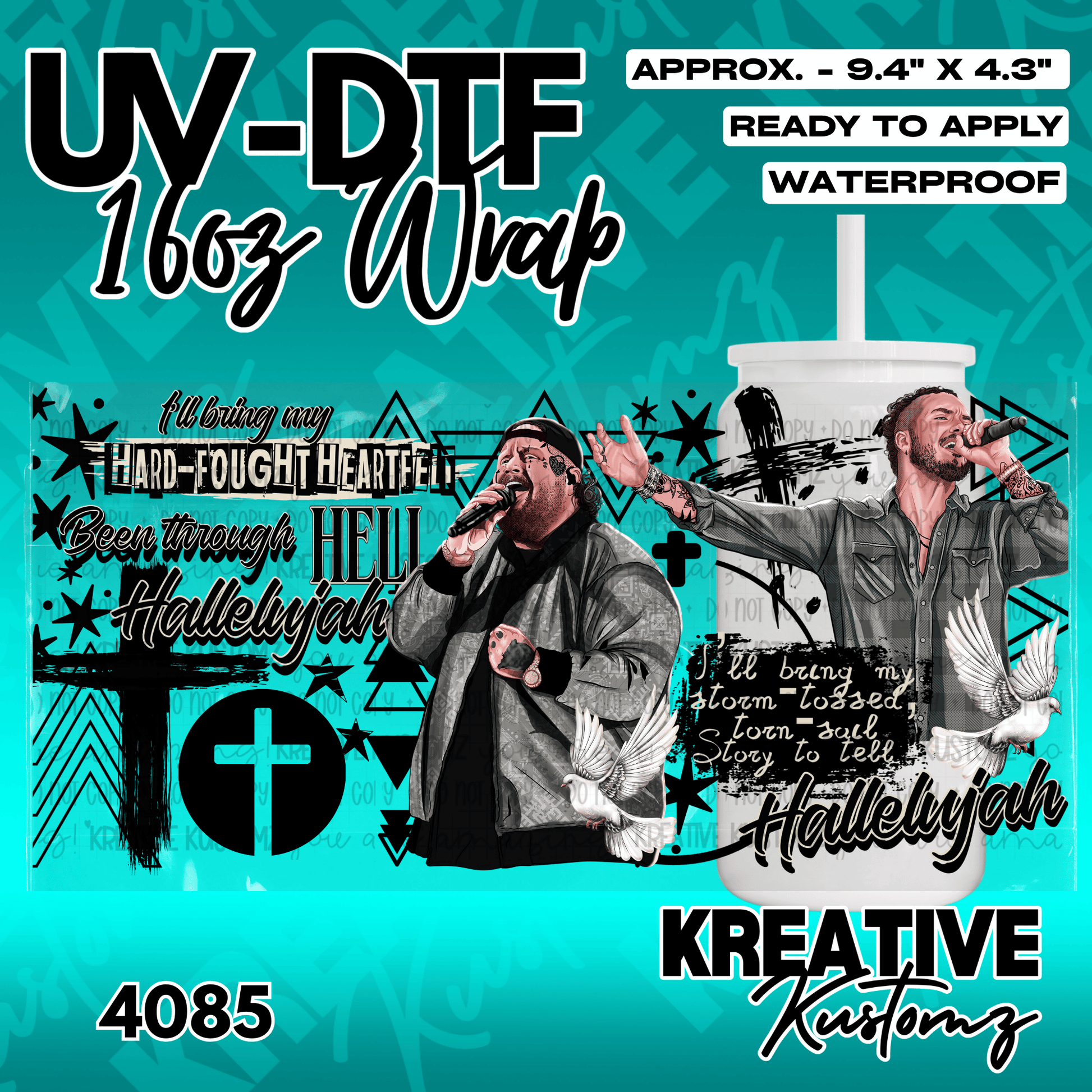 A UV DTF cup wrap featuring Jelly Roll and Kane Brown with lyrics and religious imagery.