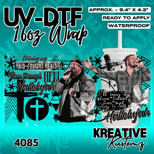 A UV DTF cup wrap featuring Jelly Roll and Kane Brown with lyrics and religious imagery.