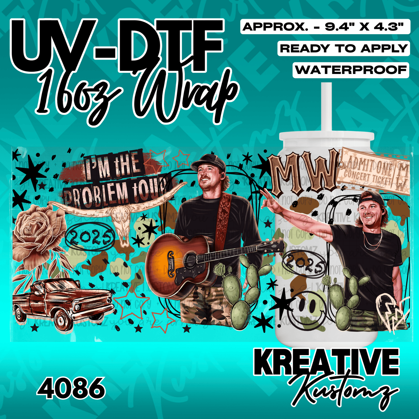 A UV DTF adhesive cup wrap featuring a country music theme with a singer, guitar, and truck.