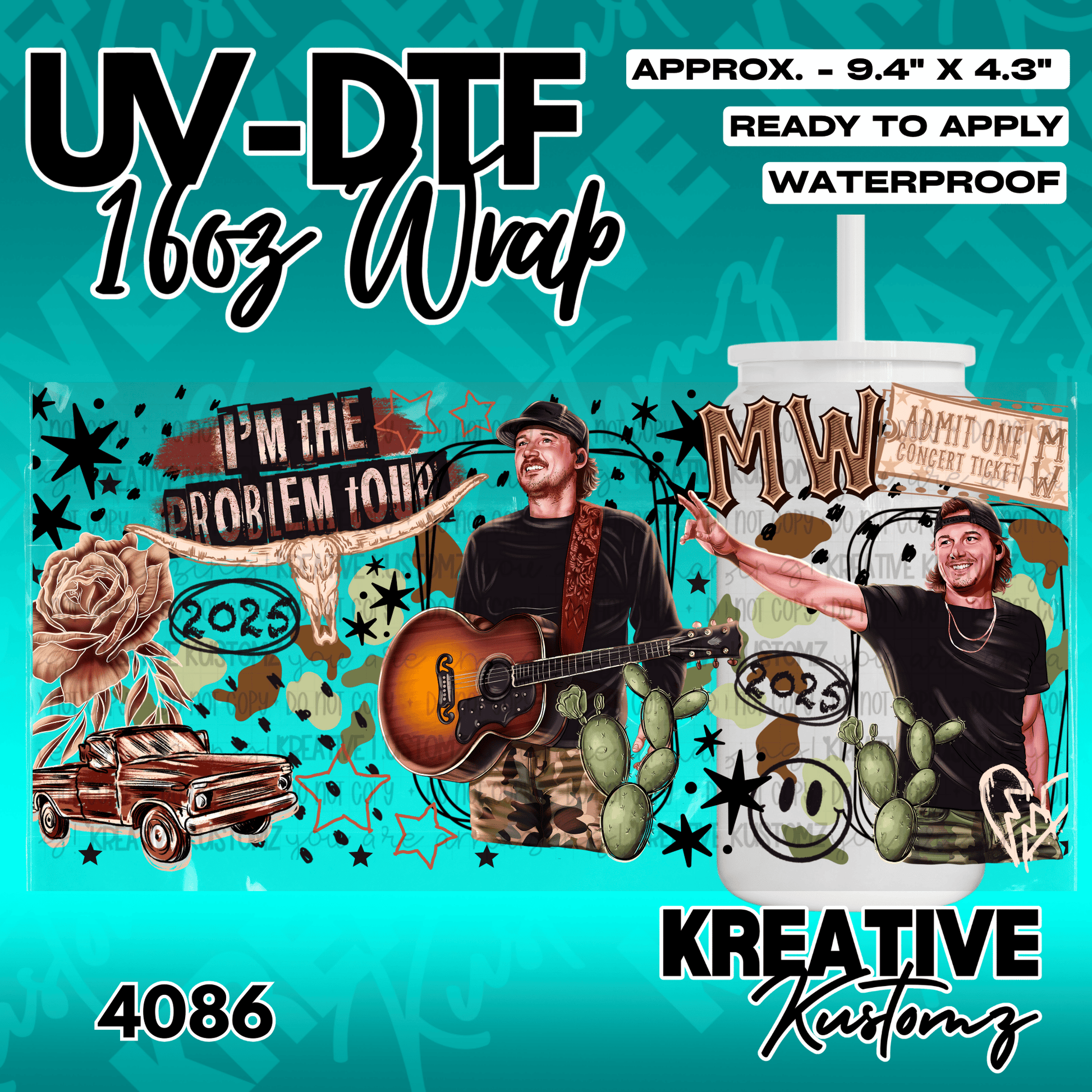 A UV DTF adhesive cup wrap featuring a country music theme with a singer, guitar, and truck.