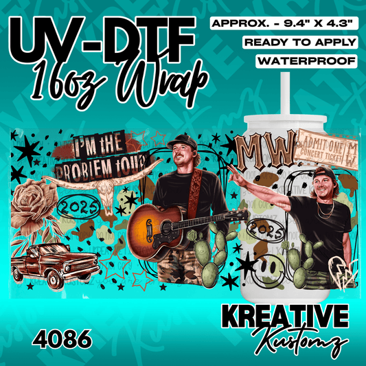 A UV DTF adhesive cup wrap featuring a country music theme with a singer, guitar, and truck.