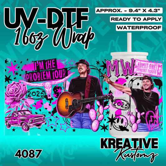 A UV DTF adhesive wrap for a 16oz glass cup featuring a country music concert theme.