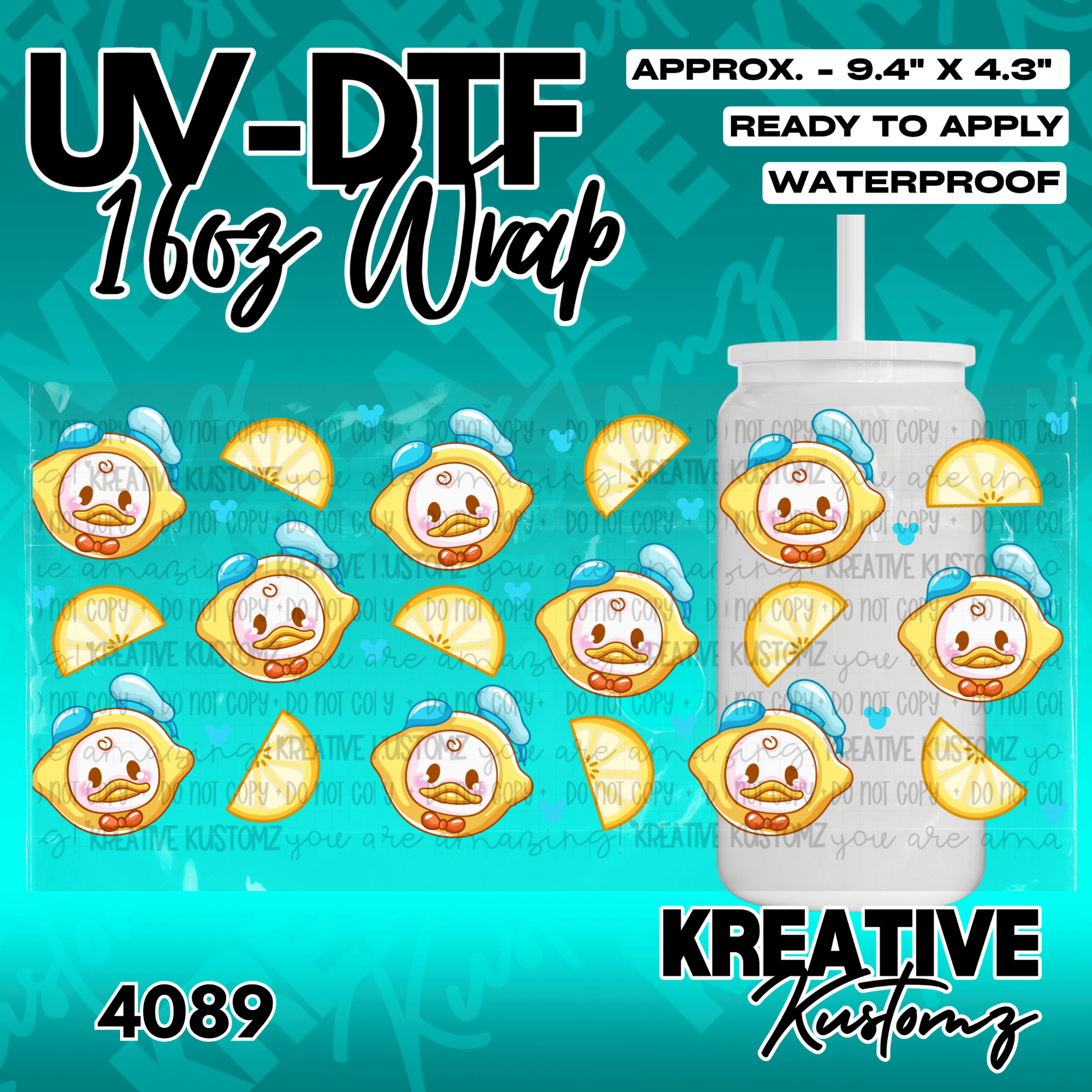 A UV DTF adhesive wrap for a 16oz glass cup featuring a pattern of lemon-themed cartoon ducks.