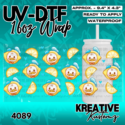A UV DTF adhesive wrap for a 16oz glass cup featuring a pattern of lemon-themed cartoon ducks.