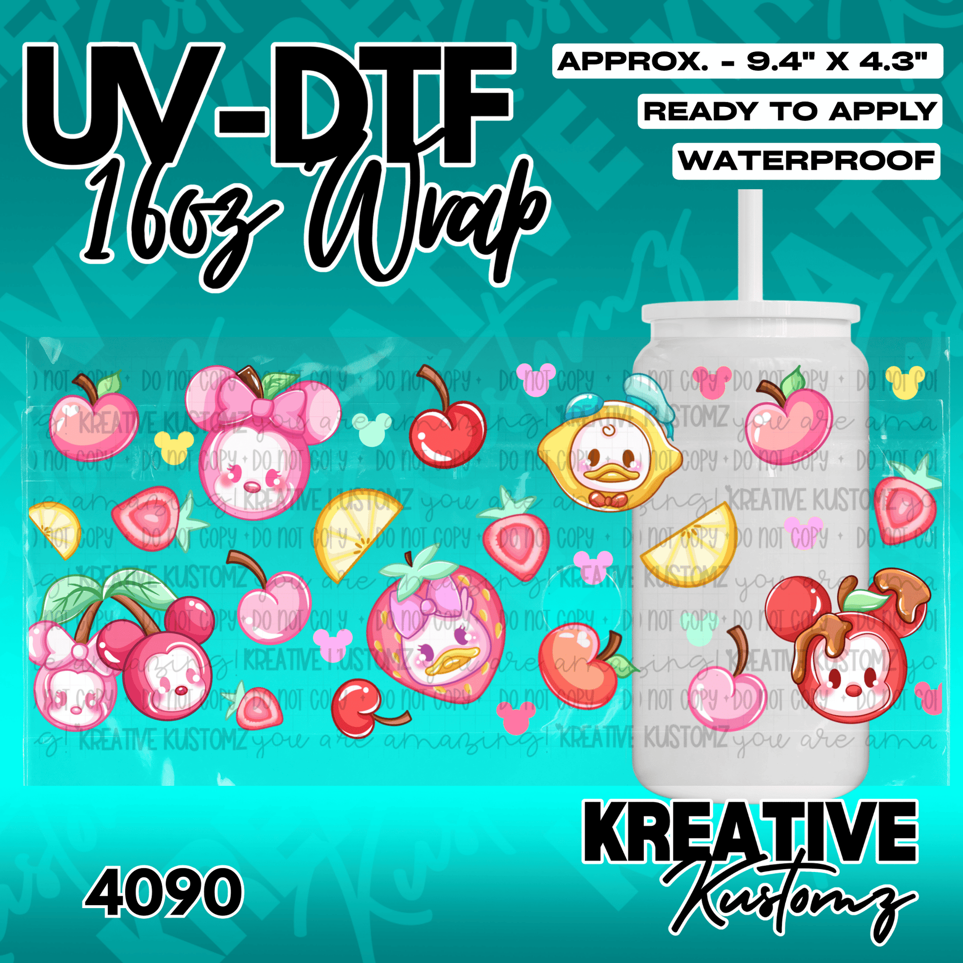 A UV DTF adhesive wrap for a 16oz glass can featuring a pattern of cartoon fruit and character icons.