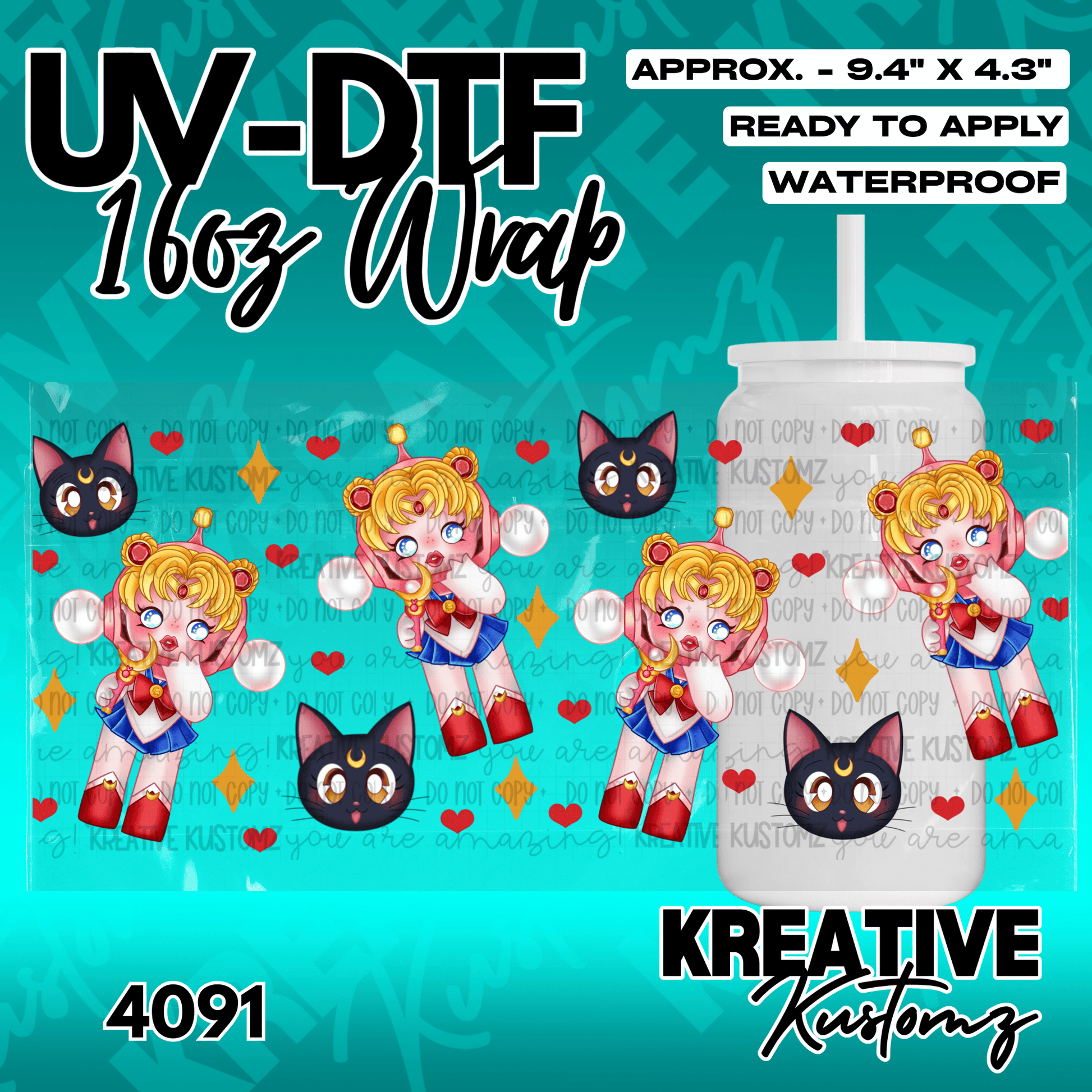 A UV DTF adhesive cup wrap featuring Sailor Moon characters and black cats on a teal background.