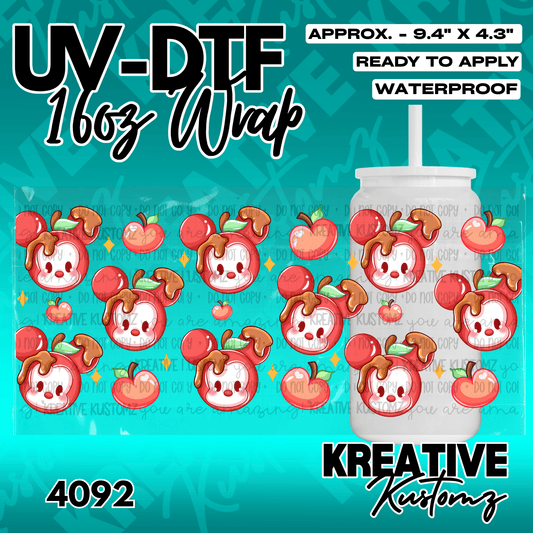 A UV DTF adhesive wrap featuring a repeating pattern of caramel-dipped apple characters.