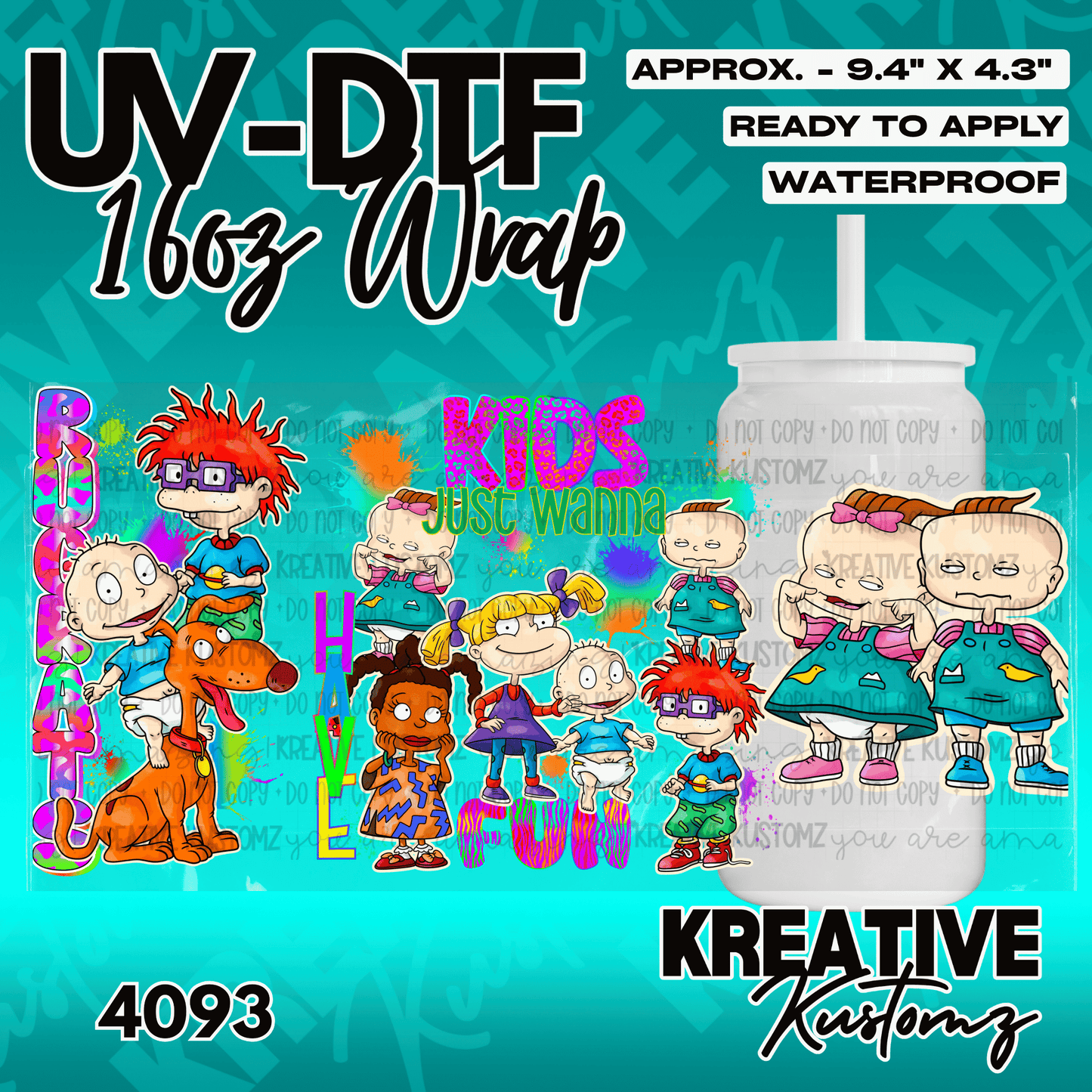A UV DTF adhesive wrap for a 16oz glass cup featuring colorful Rugrats characters.