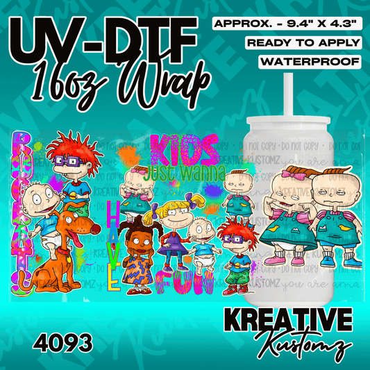 A UV DTF adhesive wrap for a 16oz glass cup featuring colorful Rugrats characters.