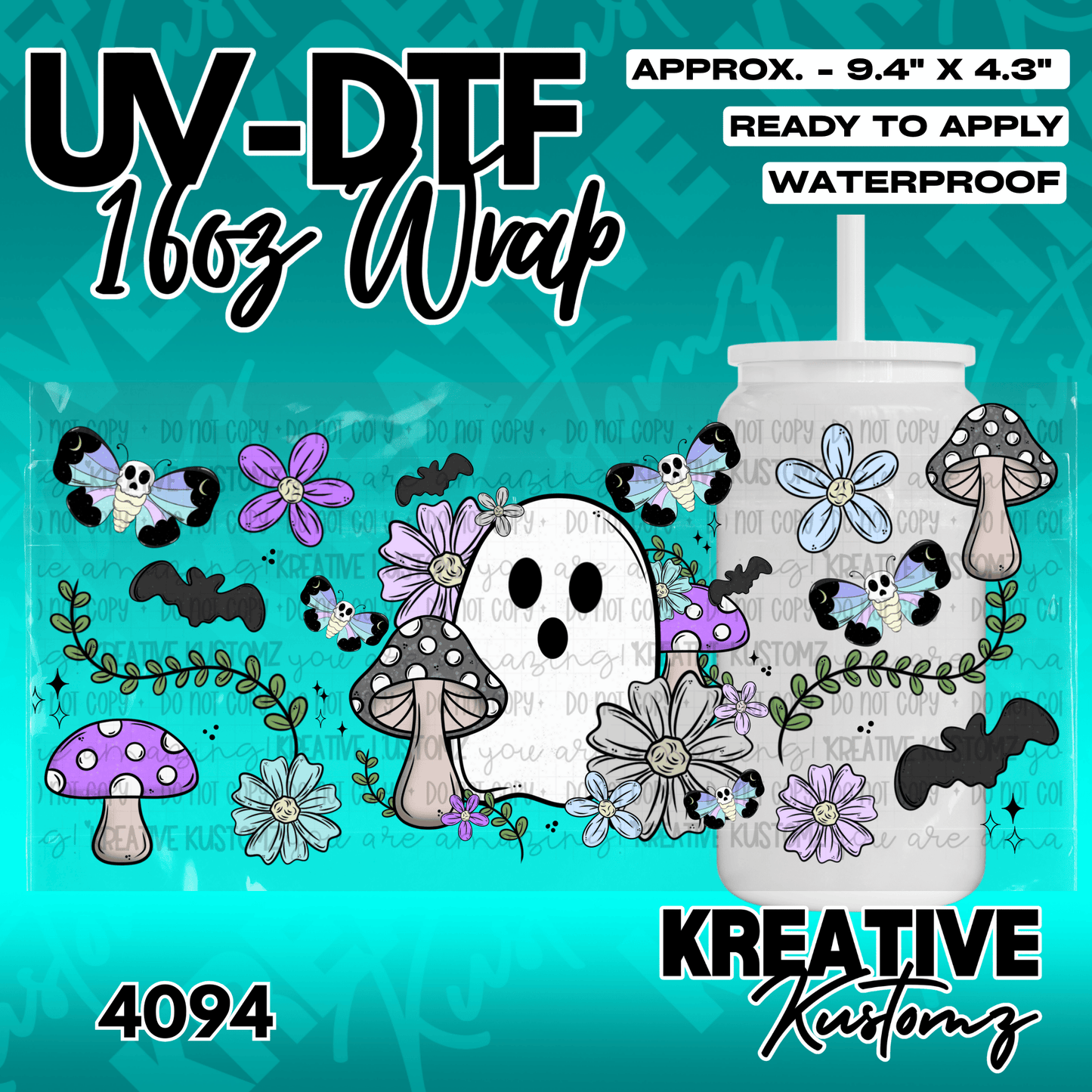 A UV DTF adhesive wrap for 16oz glass cans featuring a ghost, mushrooms, butterflies, and flowers.