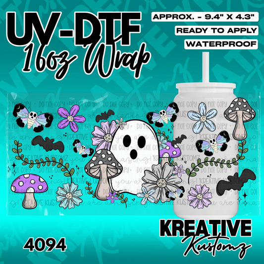 A UV DTF adhesive wrap for 16oz glass cans featuring a ghost, mushrooms, butterflies, and flowers.