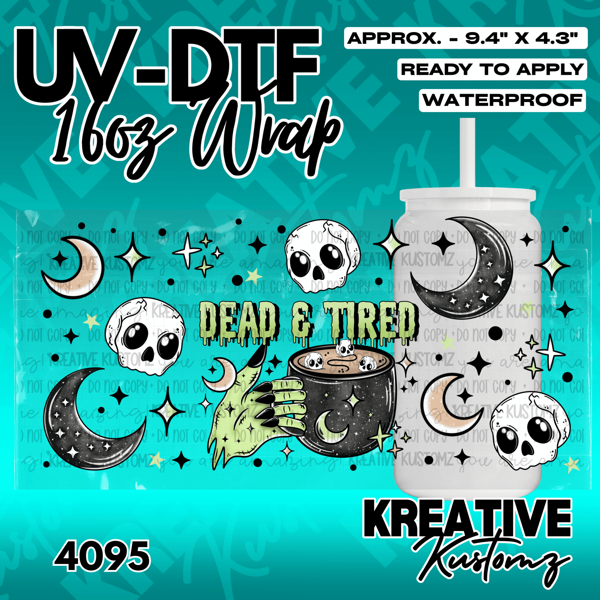 A UV DTF cup wrap featuring skulls, moons, and a green hand holding a coffee mug.