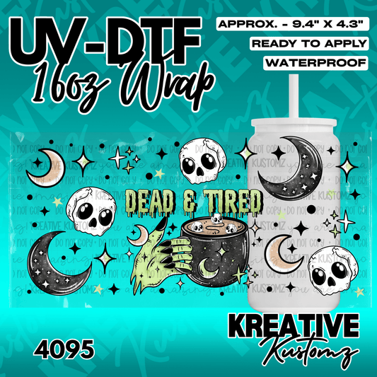 A UV DTF cup wrap featuring skulls, moons, and a green hand holding a coffee mug.
