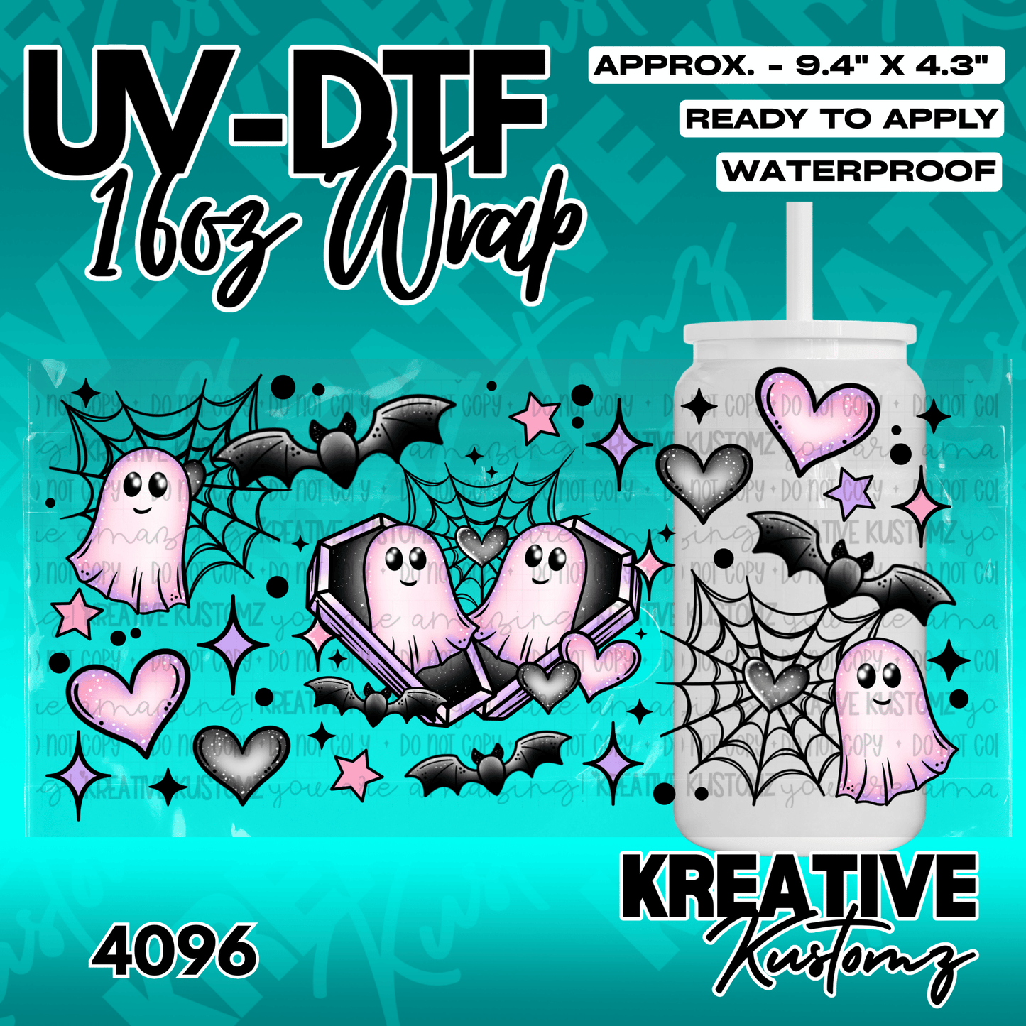 A UV DTF cup wrap featuring pink ghosts, bats, and spiderwebs for a 16oz glass can.