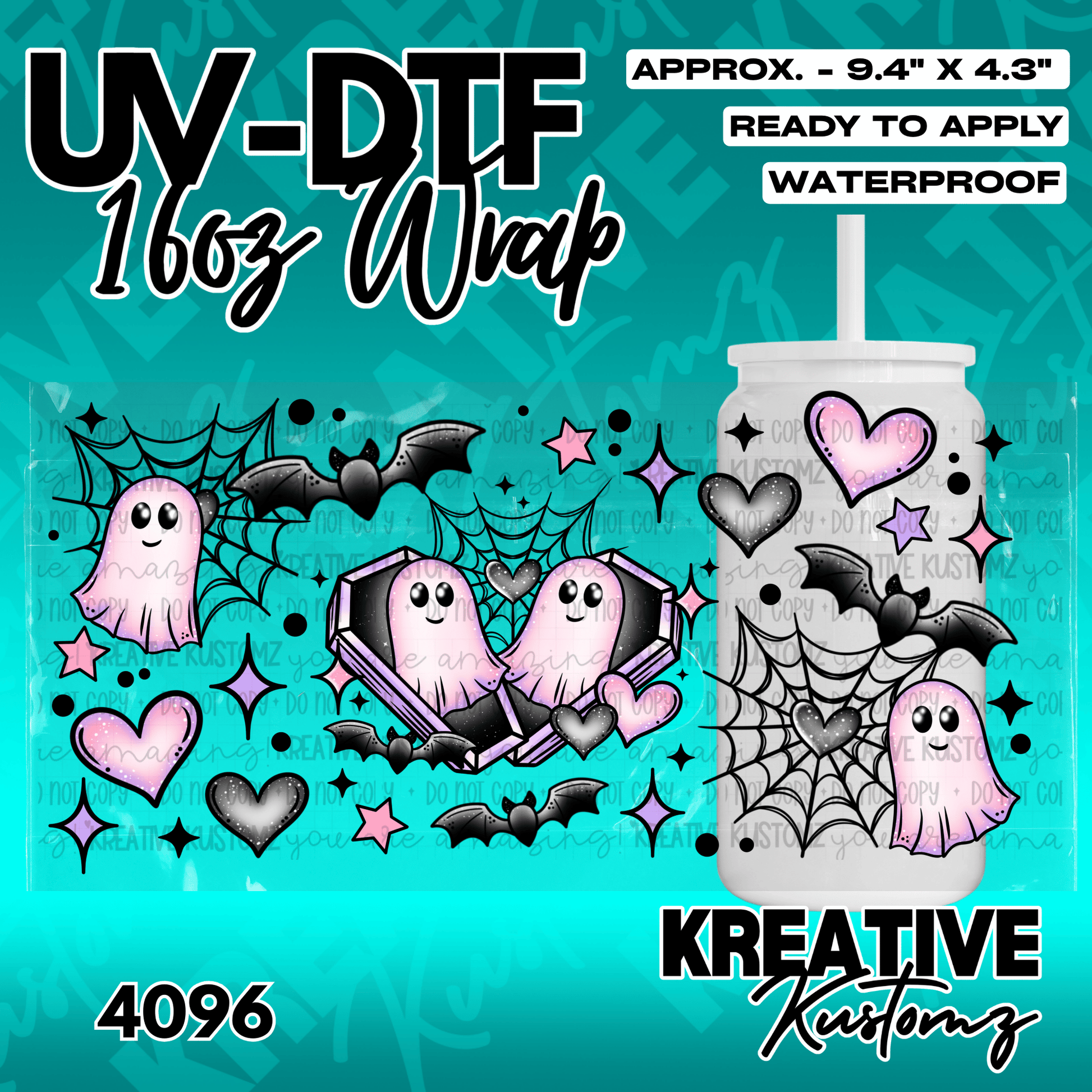 A UV DTF cup wrap featuring pink ghosts, bats, and spiderwebs for a 16oz glass can.