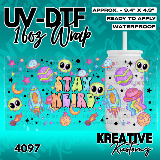 A space-themed UV DTF cup wrap featuring skulls, planets, and rockets with the text Stay Weird.