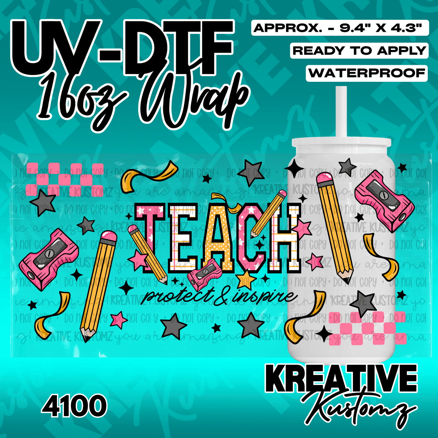 A teacher-themed UV DTF adhesive wrap for a 16oz glass cup featuring pencils and stars.