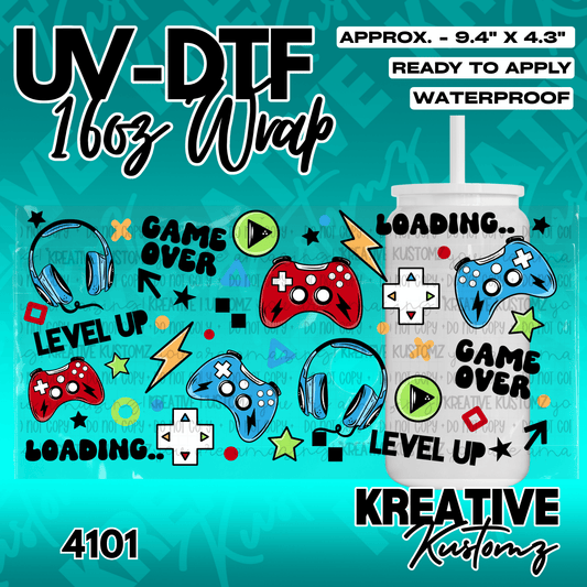A gaming themed UV DTF adhesive wrap for a 16oz glass cup featuring controllers and icons.