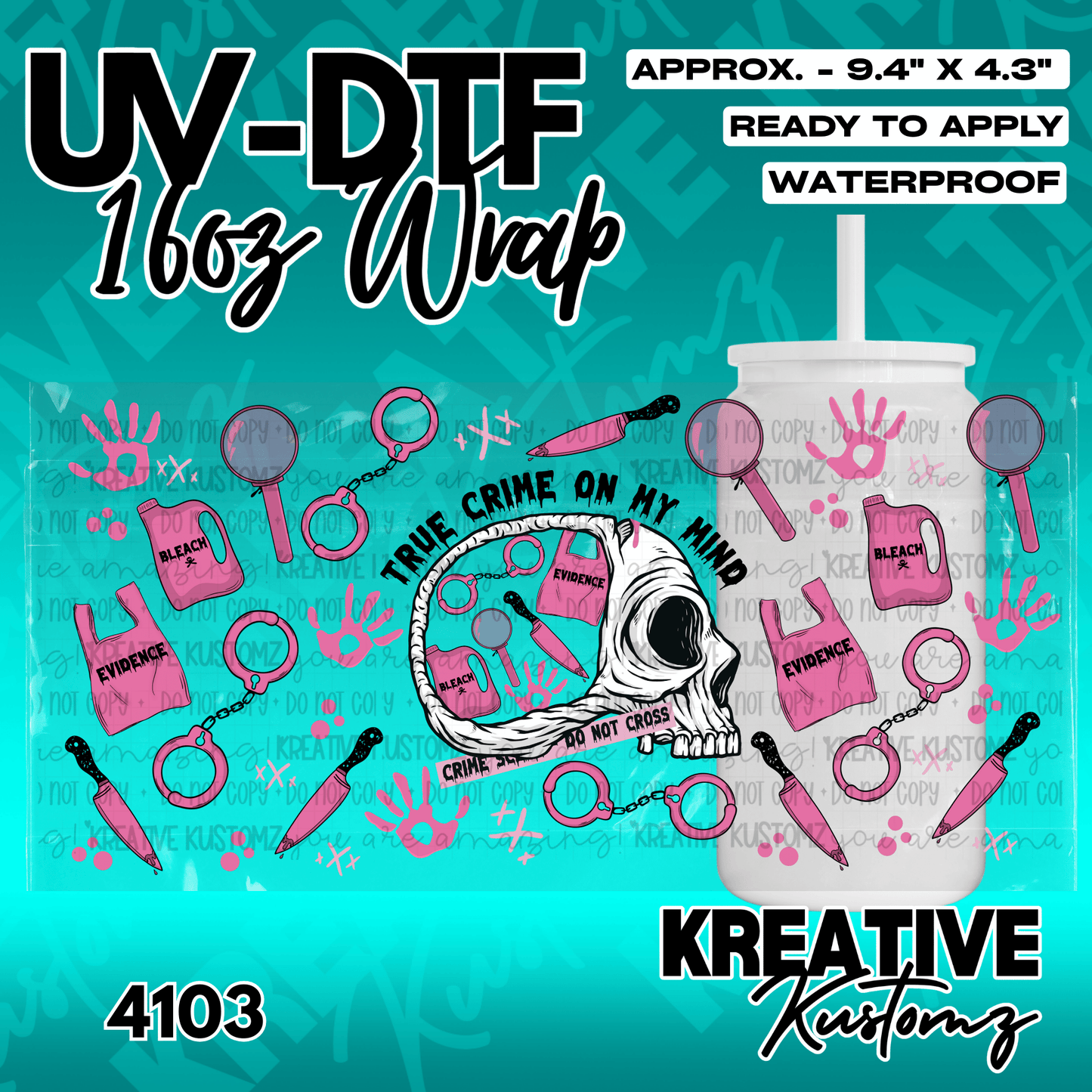 A true crime themed UV DTF wrap for a 16oz glass cup featuring a skull and forensic icons.