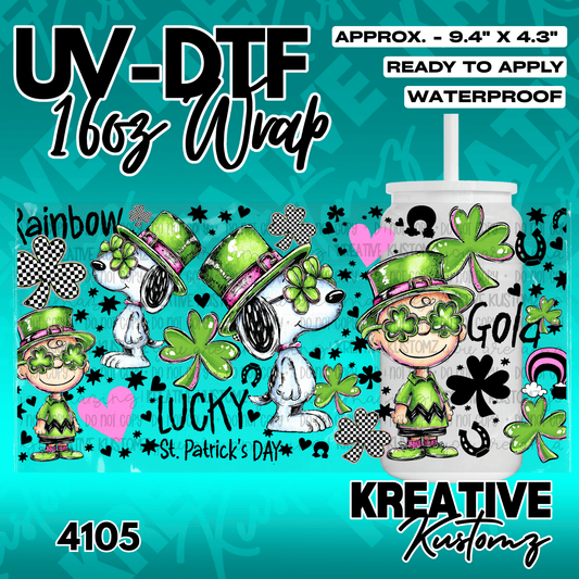 A St. Patrick's Day themed UV DTF cup wrap featuring Snoopy and Charlie Brown designs.